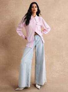 Poéselle Wooden Trim Casual Striped Long Sleeve Shirt, Pink Long Sleeve Top, Bright Pink, Contrasting Striped Shirt, Strawberry Shirt,2024 AW, Winter Clothes - Pink - View 1