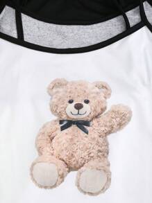 Flirla Cute Bear Print & Solid Color Contrast Trim Camisole Top Set