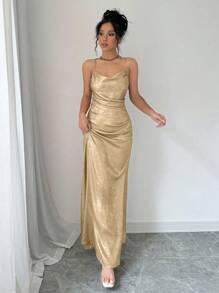 Rafferiza Metallic Feeling Deep Draped Neck Sling Party Elegant Dress For New Year Holiday Party Clothes Maxi Women Outfit - Gold - View 7
