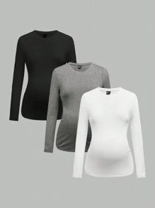 Modmama 3pcs/Set Casual Crew Neck Long Sleeve Slim Fit Maternity T-Shirts