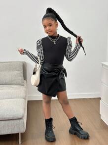 SHEIN Tween Girl Casual Elegant Houndstooth Patchwork Stand Collar Bishop Sleeve Top & PU Skort 2-Piece Set