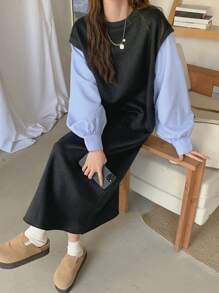 DAZY 女士秋季长袖衬衫拼布运动衫中长连衣裙，秋季女装