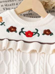 Young Girl Vintage Countryside Embroidery Ruffle Cable Cable Sweater And Straight Leg Pants 2Pcs Set, Suitable For School, Warm For Autumn/Winter - Beige - View 6