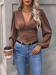 SHEIN Clasi Casual Solid Color Lantern Sleeve Ruched Waist Shirt For Autumn - Brown - View 5