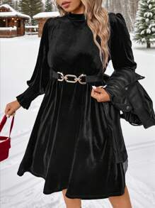 SHEIN Clasi Rochie cu mâneci bufante, cu mâneci bufante, cu decor în talie, elegantă, de dimensiuni mari, toamnă - Negru - Vizualizare 5