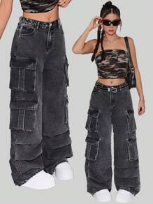 SHEIN Quần jeans ống rộng cạp thấp xếp ly, kiểu cargo, phong cách Y2K dành cho nữ tuổi teen, chất liệu wash đá, có túi nắp, thích hợp cho thời trang đường phố thu đông. - màu đen - Xem 1