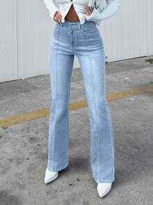 EURMUSE Casual Bleash Washed Flare Leg High-Waisted Jeans - Light Wash - View 4