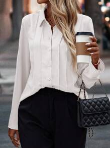 SHEIN Clasi 女士休闲纯色长袖通勤衬衫，秋季女士衬衫 - 白色 - 查看 3