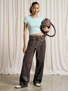 AiiRZ Fitted Short Sleeve Round Neck Crop Top - Baby Blue - View 3