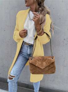 SHEIN LUNE 1 Áo len cardigan dài tay màu trơn cho nữ, áo đơn giản, mặc hàng ngày - Màu vàng - Xem 4