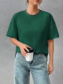 Camiseta Básica Minimalista Para Mujeres Con La Parte Delantera Corta Y La Parte Trasera Larga - Verde Oscuro - Ver 3