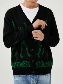 Manfinity Roghcode 男士休闲骷髅印花单排扣长袖开衫，适合秋冬季 - 灰色 - 查看 6