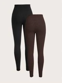 SHEIN EZwear Quần legging bó dệt kim gân màu trơn cho nữ vào mùa thu - Màu nâu Sô-cô-la - Xem 2