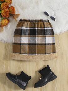 Jupe mini en tricot à carreaux à ligne A avec poches moelleuses, boutons décoratifs, style de rue décontracté pour pré-adolescentes - Camel - Voir 2