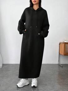 SHEIN EZwear 女士长袖抽绳休闲黑色针织连帽卫衣连衣裙连帽连衣裙女装长袖超大连衣裙Momo连衣裙女秋冬装 - 黑色 - 查看 6