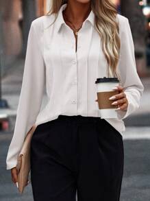 SHEIN Clasi 女士休闲纯色长袖通勤衬衫，秋季女士衬衫 - 白色 - 查看 5