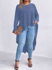 SHEIN LUNE 大码女式纯色圆领长袖高低下摆休闲 T 恤，秋季 - 藍色 - 查看 5