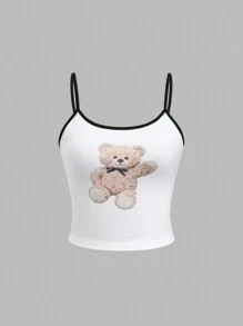 Flirla Cute Bear Print & Solid Color Contrast Trim Camisole Top Set