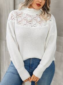 Calvaya Plus Size Solid Color Lace Patchwork Knit Sweater, Spring/Fall Knit Pullover Fall Winter - White - View 8