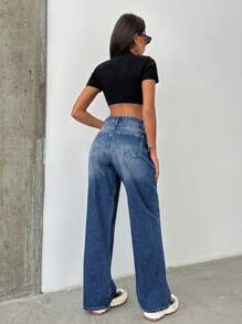Cottnline 100% Cotton WOMEN WIDE LEG BELTED MID WAIST JEANS - Medium Wash - View 2