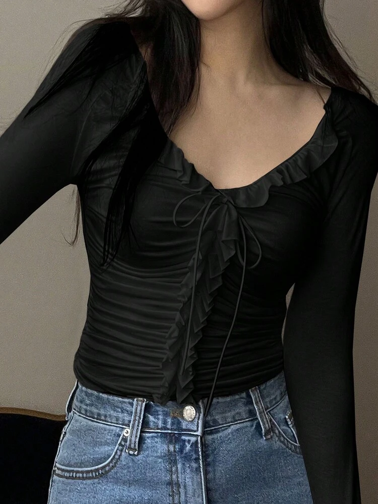 Women's Black Frill Trim Fitted Solid Color Drawstring Long Sleeve T-Shirt, Spring/Summer