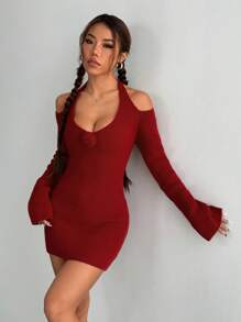 Flirla Váy len dệt kim cổ lọ thường ngày, thanh lịch và gợi cảm, mùa thu/đông - Đỏ - Xem 7