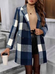SHEIN Clasi Casaco Trench Clássico Xadrez Feminino com Colarinho, Decoração com Botões, Quente e Versátil, Adequado para Outono/Inverno/Primavera - Azul Marinho - Visão 1