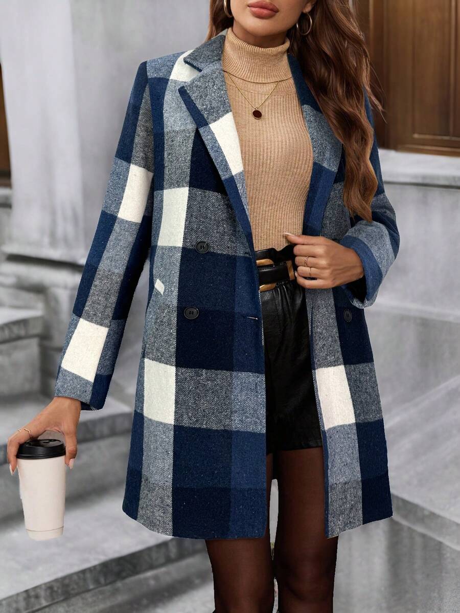 SHEIN Clasi Casaco Trench Clássico Xadrez Feminino com Colarinho, Decoração com Botões, Quente e Versátil, Adequado para Outono/Inverno/Primavera - Azul Marinho - Visão 1