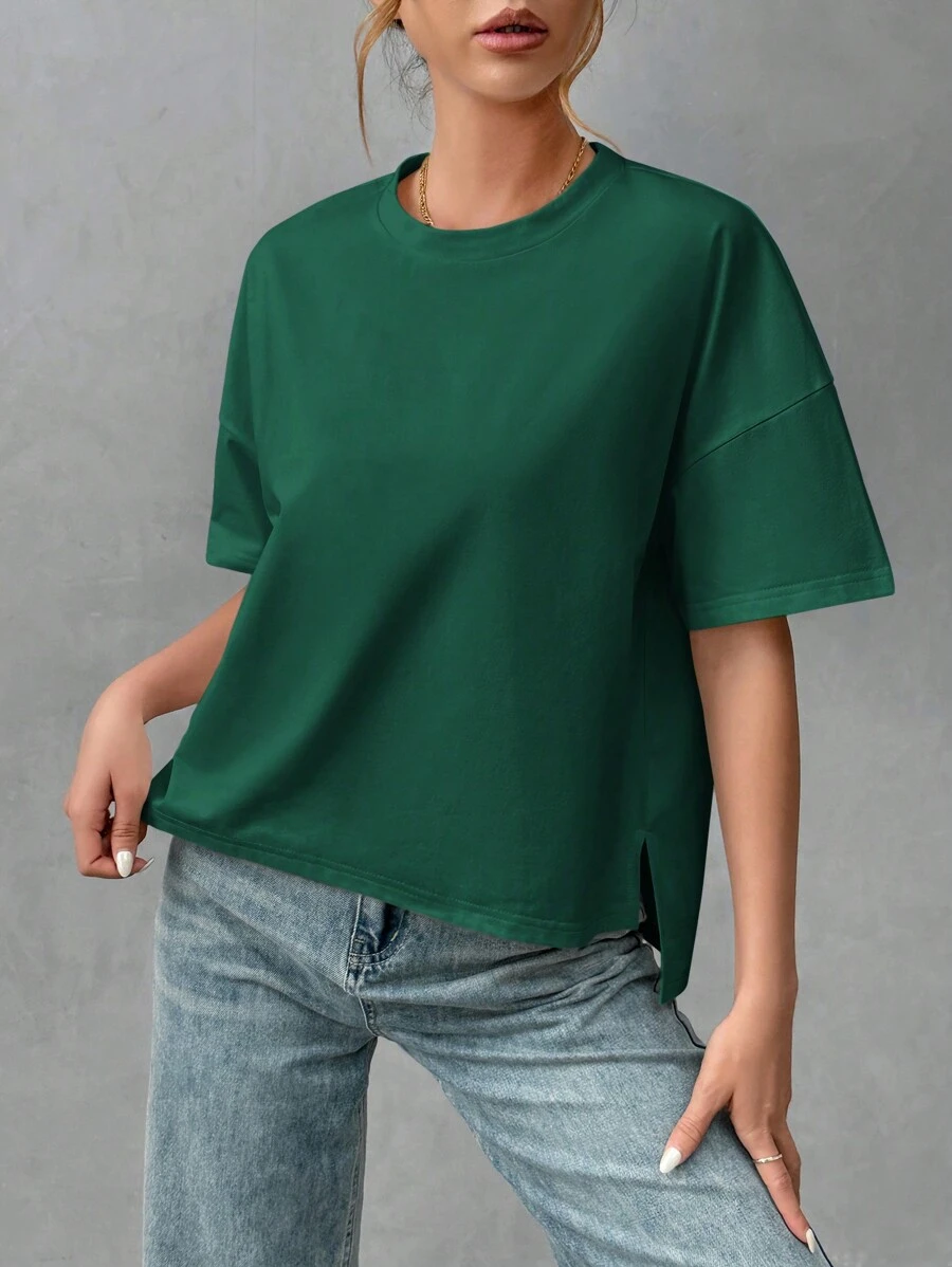 SHEIN Essnce Women Minimalist Solid Color Short Front Long Back T-Shirt - Dark Green - View 1
