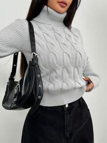 Chiquease Women's Turtleneck Cable Knit Pullover Sweater Knit Pullover Fall Winter Outfit - Grey - View 5