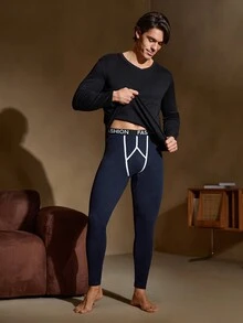 Men's Casual Letter Elastic Waist Slim Fit Warm Pants, Autumn & Winter - Navy Blue - View 8