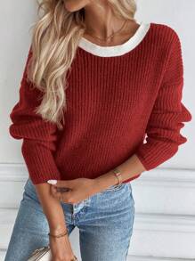 EMERY ROSE New Loose Fit Casual Knitted Sweater, Oversized European And American Style Fashion Soft Pullover For Women, Autumn/Winter Bow Tie For New Year Fall - Red - View 6