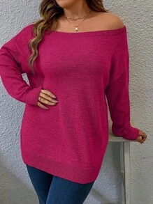 Calvaya Plus Size Women Casual Solid Color Off Shoulder Loose Sweater Knit Pullover Fall Winter - Hot Pink - View 4