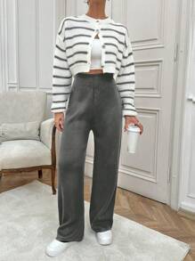 RueChic Women Stripe Patten Front Button Cardigan & Sweater Pants Set - Dark Grey - View 4