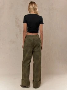 MISSGUIDED Gewaschene Veloursleder Hose mit umgeschlagenem Saum und weitem Bein - Dunkelgrün - Übersicht 2