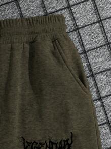 SHEIN Cottnline Cotton Men Letter Graphic Grey Drawstring Waist Sweatpants - Army Green - View 4