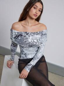 AiiRZ Off Shoulder News Print Top Ruched Long Sleeve Graphic Bodysuit Stretch Form Fitting Street Style Urban Statement Piece Contemporary Modern Aesthetic - Multicolor - View 4