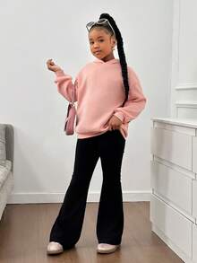 SHEIN Tween Girl Casual Hoodie Top With Daisy Slogan Print & Flared Pants Set - Pink - View 4