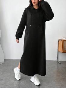 SHEIN EZwear 女士长袖抽绳休闲黑色针织连帽卫衣连衣裙连帽连衣裙女装长袖超大连衣裙Momo连衣裙女秋冬装 - 黑色 - 查看 3