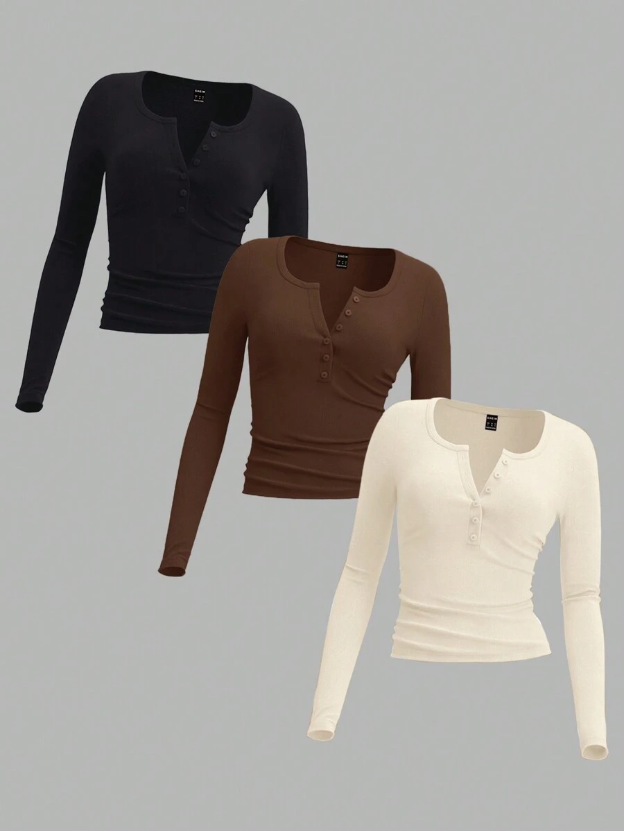 SHEIN EZwear Áo thun dài tay cổ chữ V dệt kim 3 màu cơ bản dành cho nữ - màu nâu - Xem 1