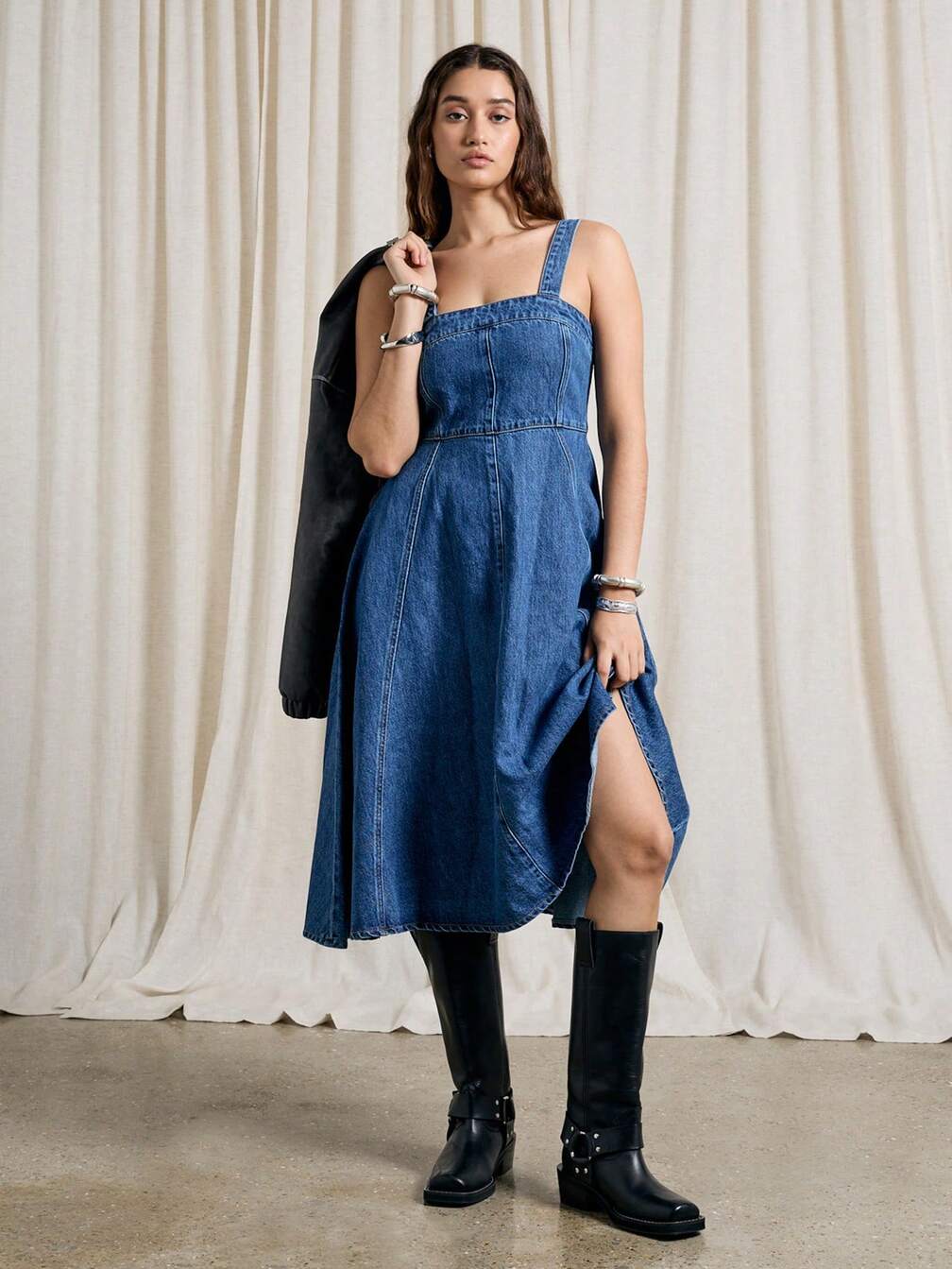 strappy denim midi dress Dark Indigo Denim Mara Strappy Midi Dress  Organic Cotton
