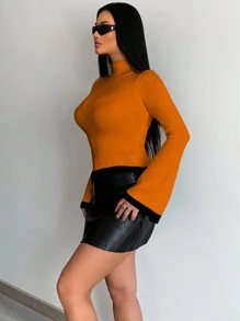 VaVaBold 1件装 女士纯色拼接立领长袖休闲针织套头衫 秋冬款 - 橘色 - 查看 4