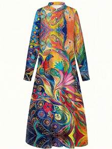 Blus Lengan Panjang Wanita Kasual/Komuter dengan Kancing Depan, Model A-Line Longgar, Desain Cetak Motif Musim Gugur Terlaris - MultiWarna - View 3