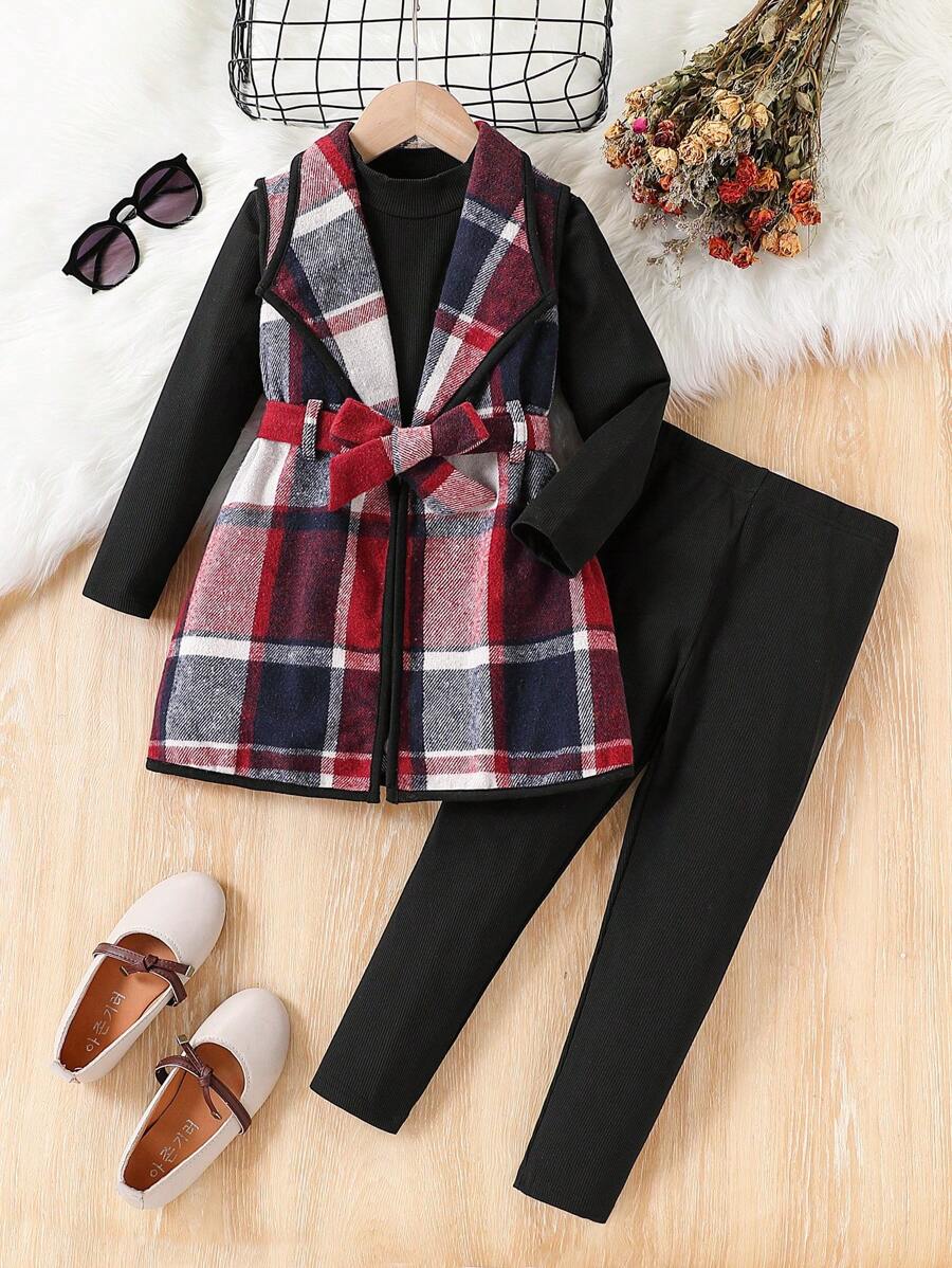 SHEIN 3 件套年轻女孩休闲格子印花领带腰带背心夹克、长袖罗纹 T 恤和松紧腰裤套装 - 酒紅色 - 查看 1