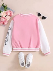 SHEIN Tween Girl 字母印花拼色长袖休闲棒球夹克，秋季 - 粉色 - 查看 2