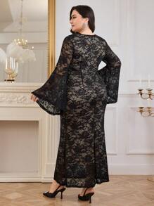 Modelyn Plus Size Elegant Lace Sweetheart Neck Flared Sleeve Cinched Waist Dress, Autumn Long Evening Dresses