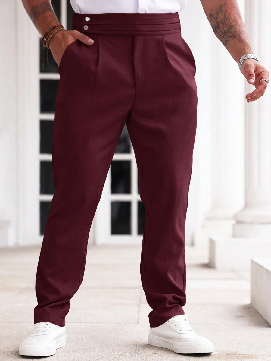 Manfinity Homme Quần ống đứng xếp ly túi trơn cho nam, quần công sở thường ngày - Màu Đỏ Sâu - Xem 1