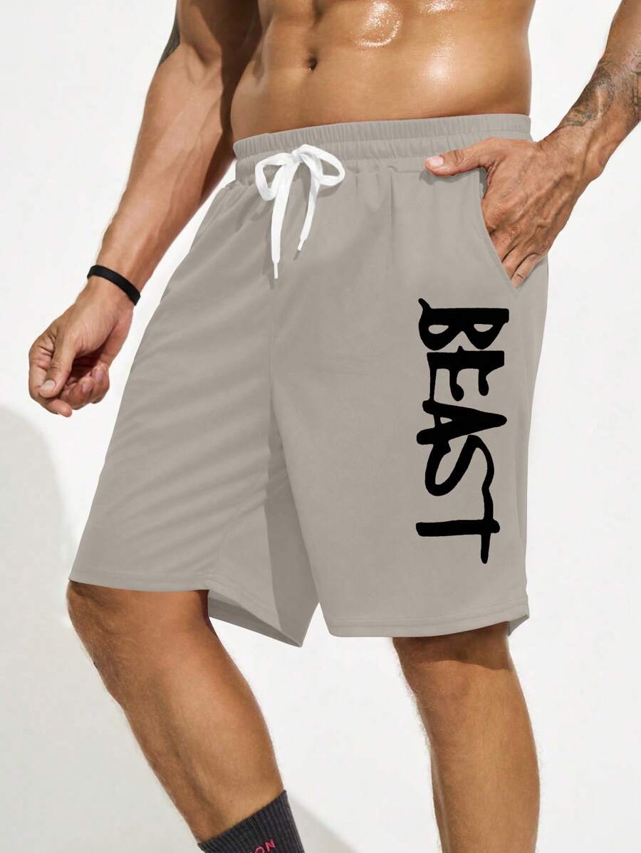 Gym Rark Boyfriend Style Men's Casual Letter Print Drawstring Waist Breathable Sports Shorts, Summer Grey Shorts - Light Grey - View 1
