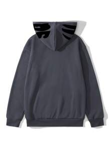 Manfinity Hypemode 男士宽松秋季字母印花连帽卫衣，带保暖内衬，男士街头风拉链连帽衫，长袖上衣 - 灰色 - 查看 2