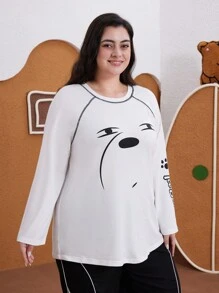 We Bare Bears X SHEIN Große Größen Lässig süßer Bär Muster Rundhals Langarm Raglan Kontrast Saum T-Shirt, für Herbst/Winter - Weiss - Übersicht 1